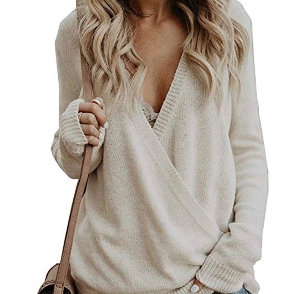 Deep V long sleeved sweater, knitted wrap look